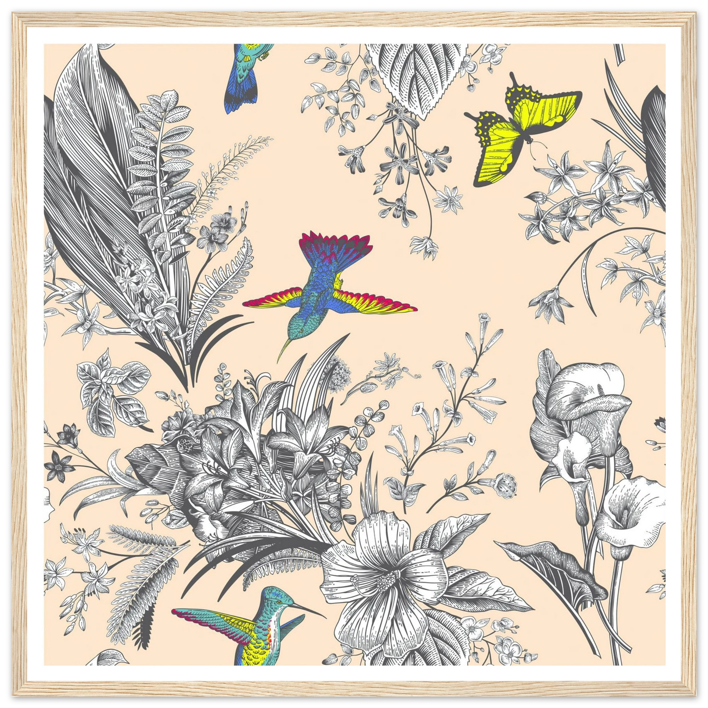 Monochrome Tropical Flight Art Print | William Morris Inspired - Framed Poster - 30x30 cm / 12x12″ - Black frame