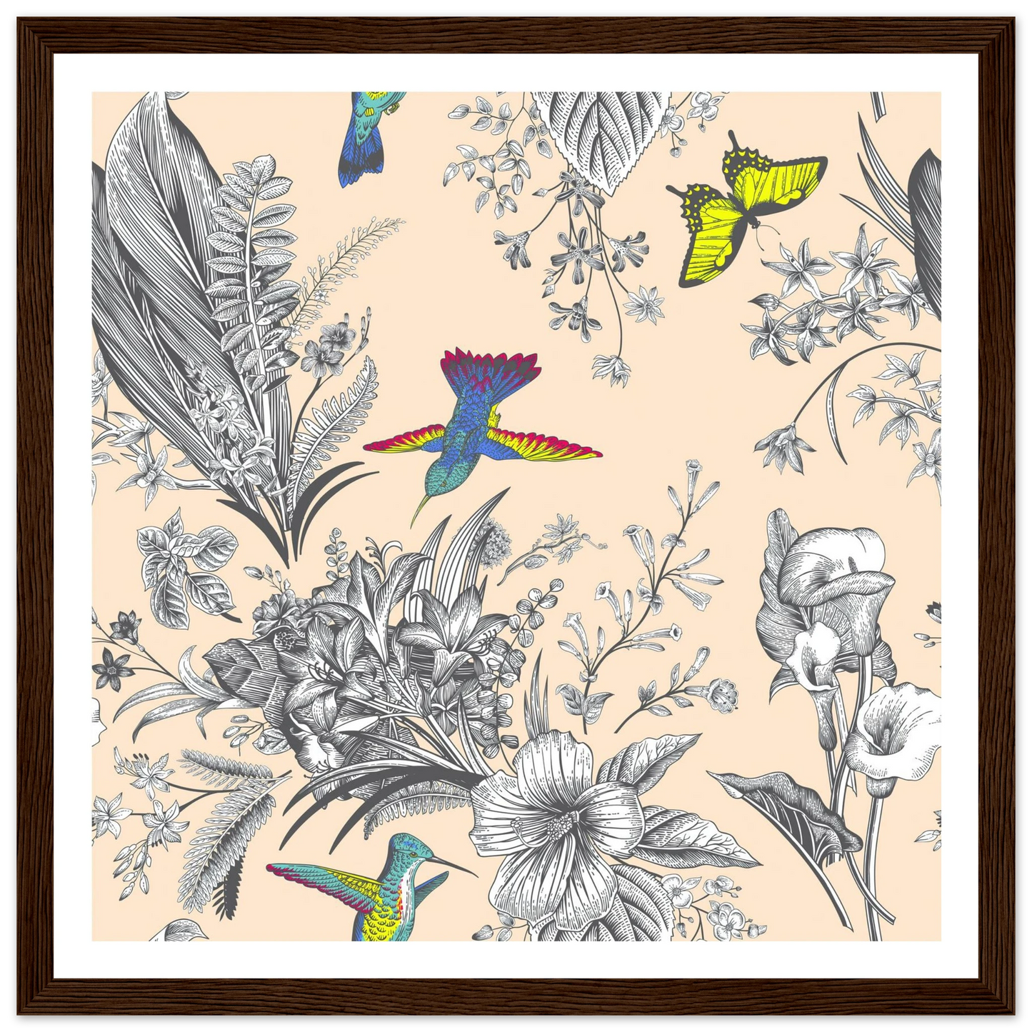 Monochrome Tropical Flight Art Print | William Morris Inspired - Framed Poster - 30x30 cm / 12x12″ - Black frame