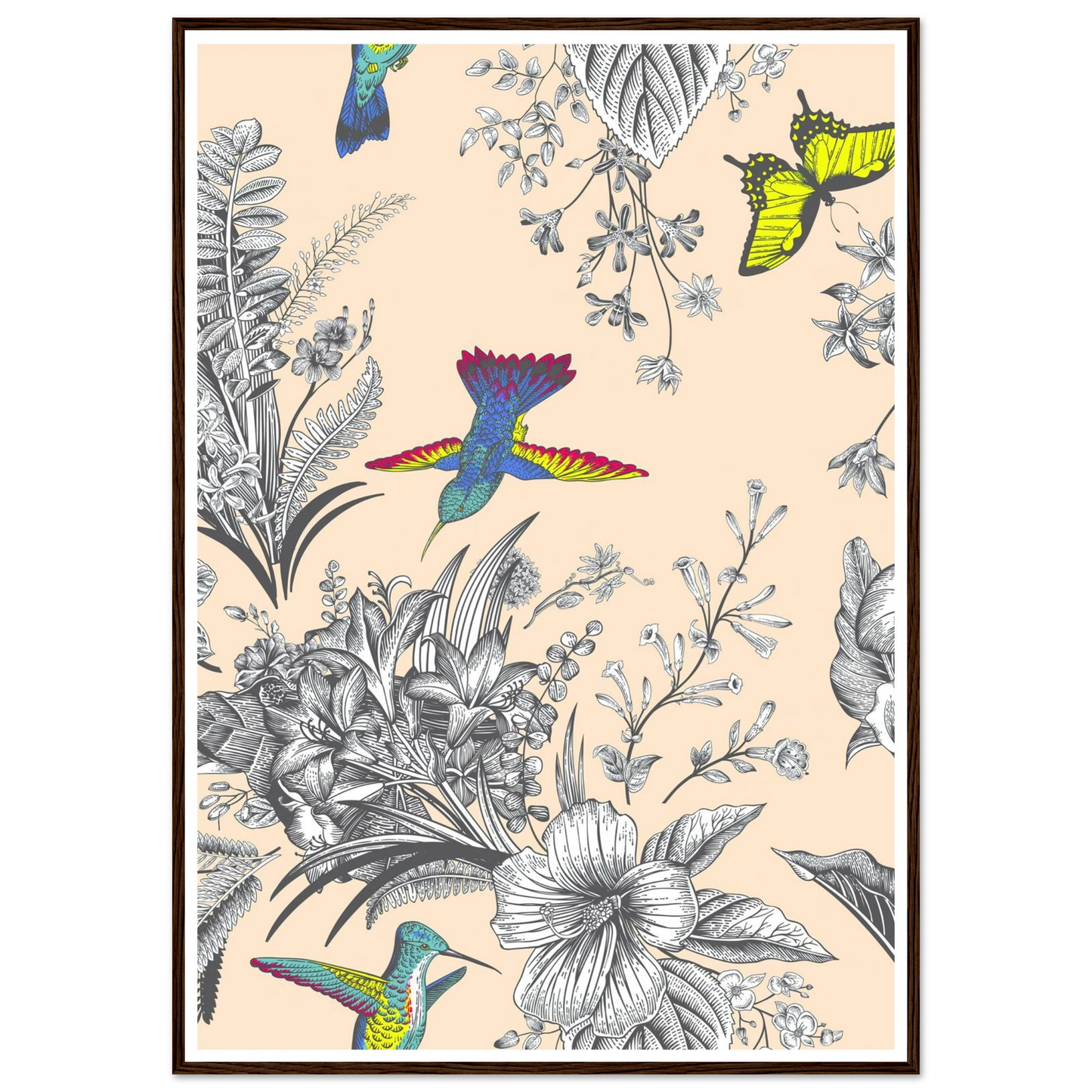 Monochrome Tropical Flight Art Print | William Morris Inspired - Framed Poster - 30x30 cm / 12x12″ - Black frame