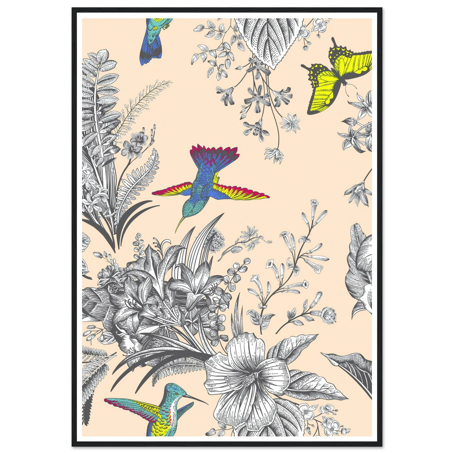 Monochrome Tropical Flight Art Print | William Morris Inspired - Framed Poster - 30x30 cm / 12x12″ - Black frame