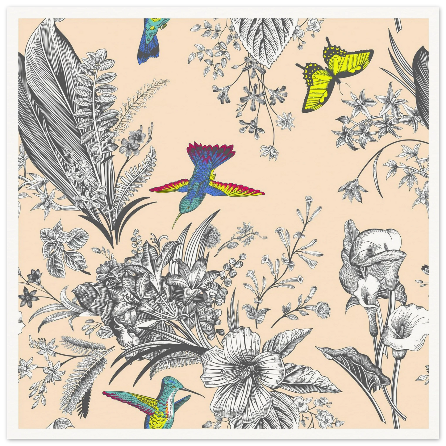 Monochrome Tropical Flight Art Print | William Morris Inspired - Framed Poster - 30x30 cm / 12x12″ - Black frame