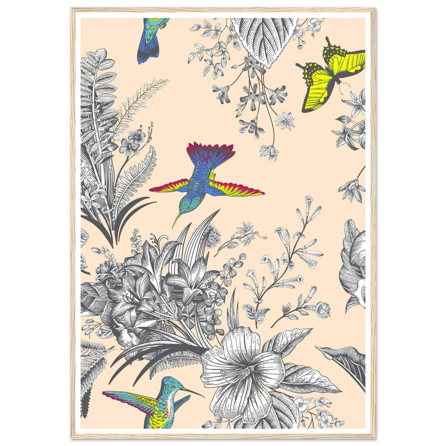 Monochrome Tropical Flight Art Print | William Morris Inspired - Framed Poster - 30x30 cm / 12x12″ - Black frame