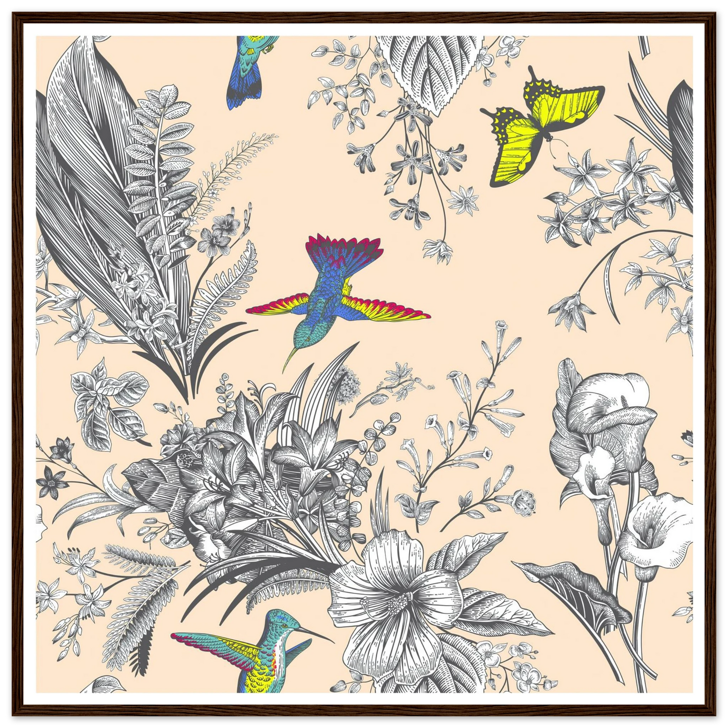 Monochrome Tropical Flight Art Print | William Morris Inspired - Framed Poster - 30x30 cm / 12x12″ - Black frame