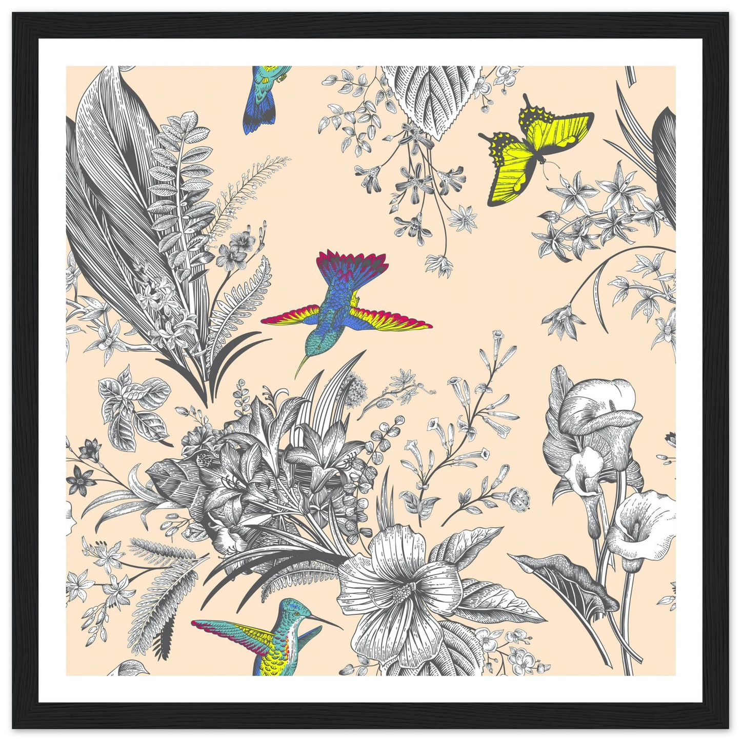 Monochrome Tropical Flight Art Print | William Morris Inspired - Framed Poster - 30x30 cm / 12x12″ - Black frame