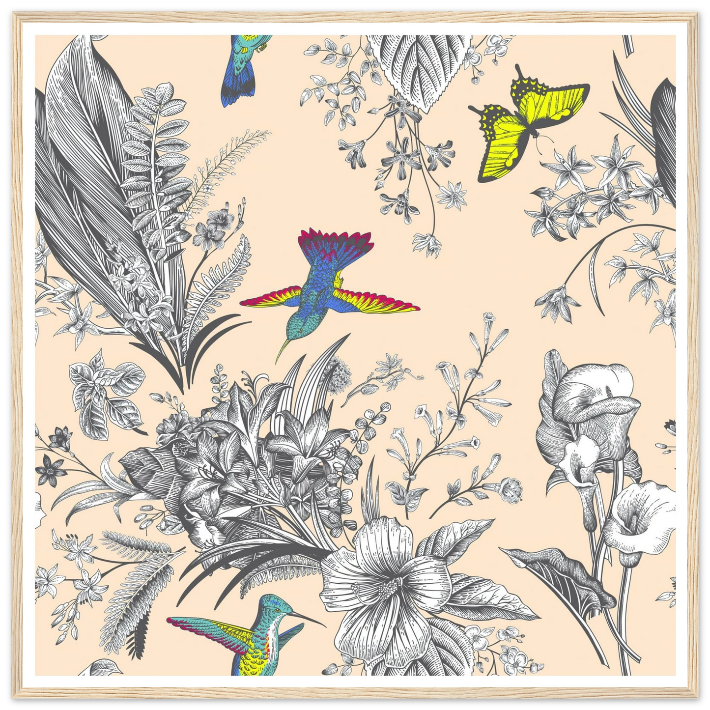 Monochrome Tropical Flight Art Print | William Morris Inspired - Framed Poster - 30x30 cm / 12x12″ - Black frame