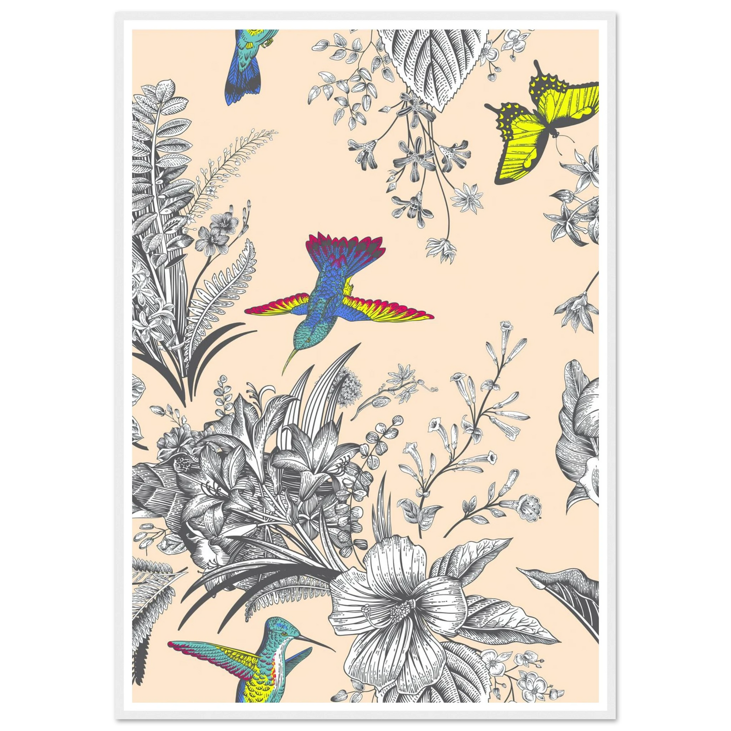 Monochrome Tropical Flight Art Print | William Morris Inspired - Framed Poster - 30x30 cm / 12x12″ - Black frame