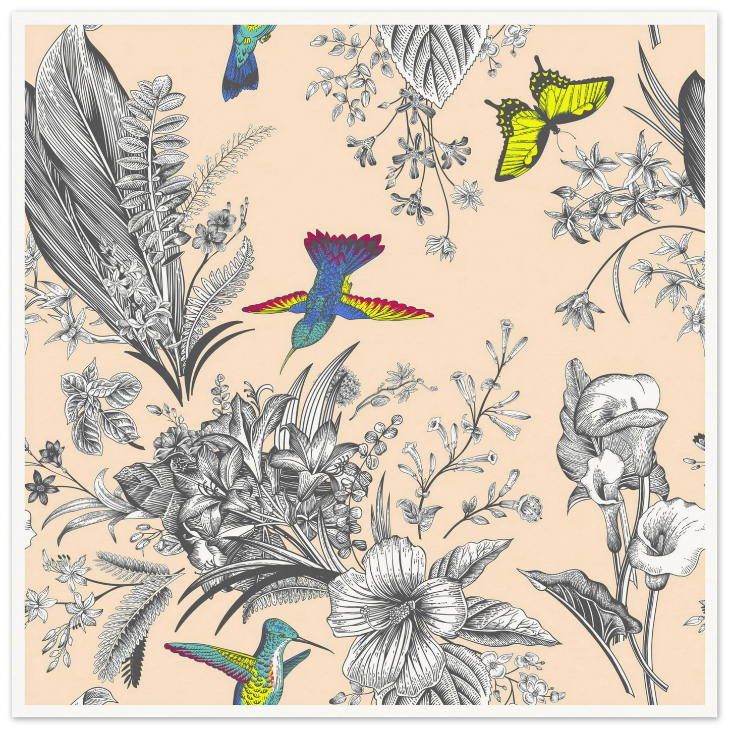 Monochrome Tropical Flight Art Print | William Morris Inspired - Framed Poster - 30x30 cm / 12x12″ - Black frame