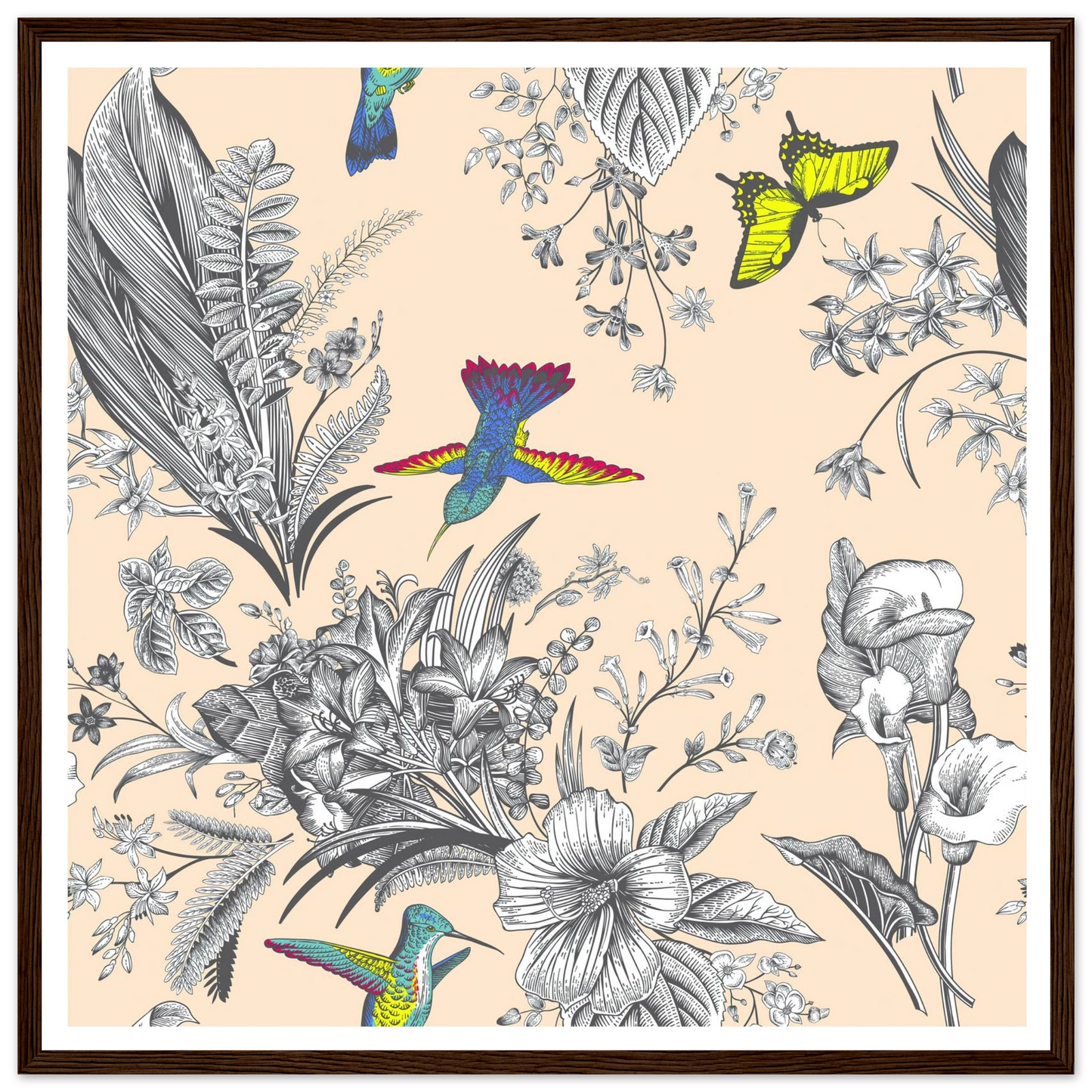 Monochrome Tropical Flight Art Print | William Morris Inspired - Framed Poster - 30x30 cm / 12x12″ - Black frame