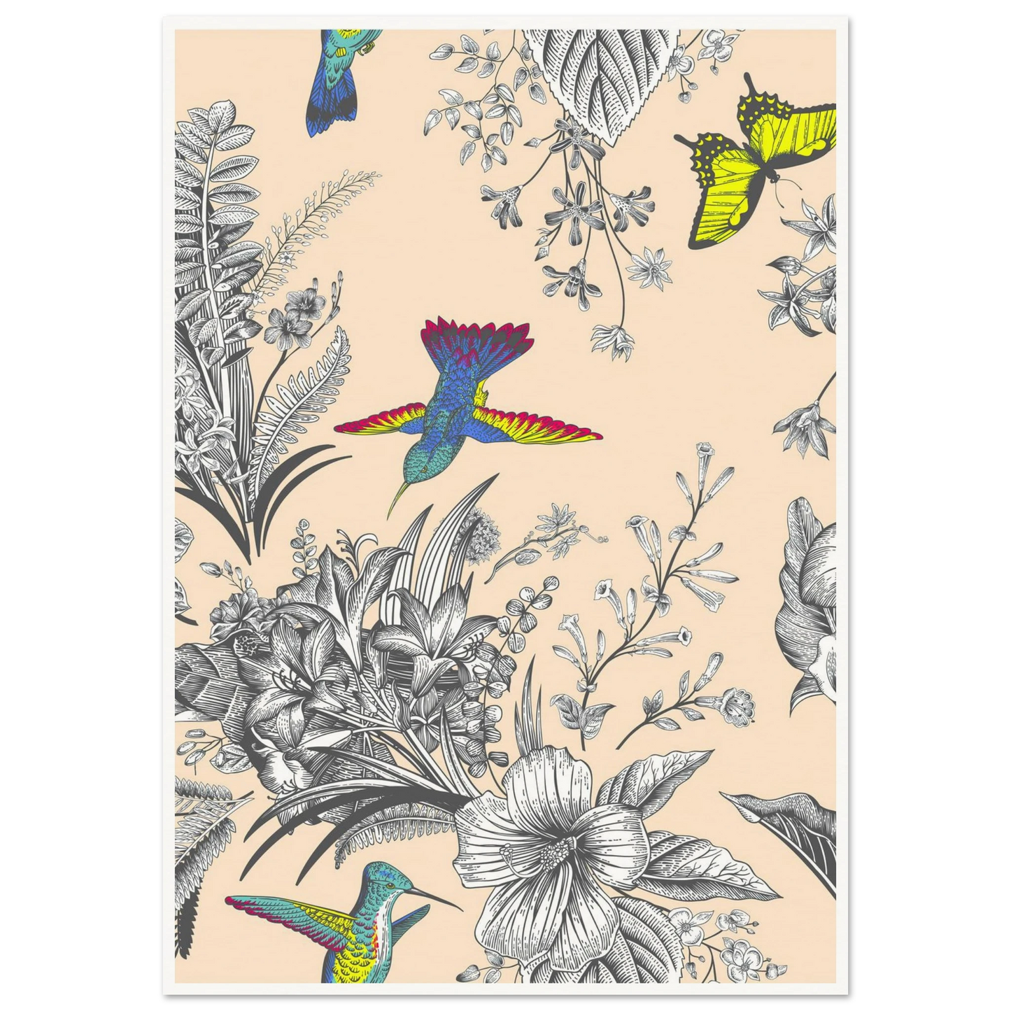 Monochrome Tropical Flight Art Print | William Morris Inspired - Framed Poster - 30x30 cm / 12x12″ - Black frame