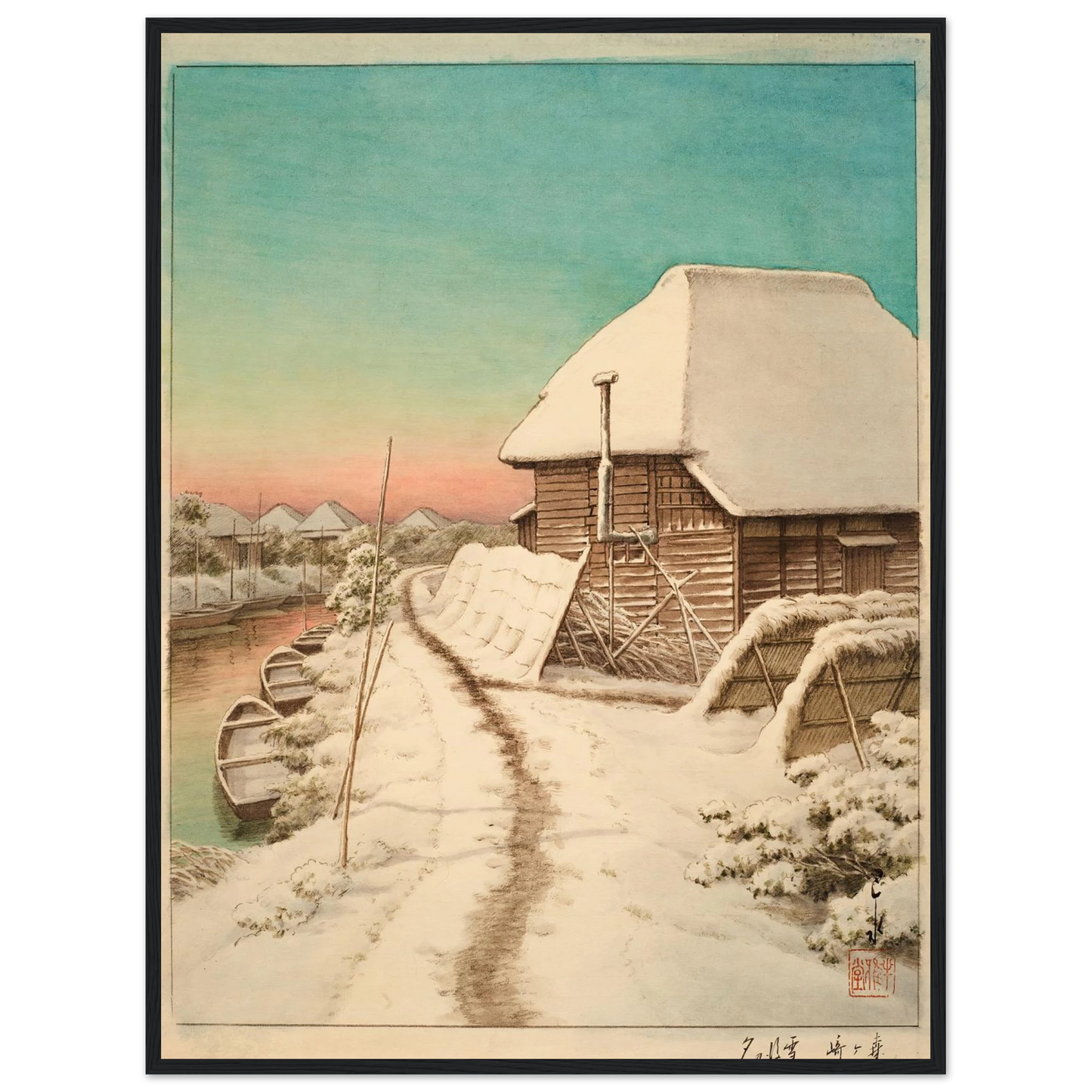 Morigasaki setsugo no yu (Evening after snow at Morigasaki) Art Print | Kawase Hasui - Framed Poster - 30x40 cm / 12x16″ - Black frame