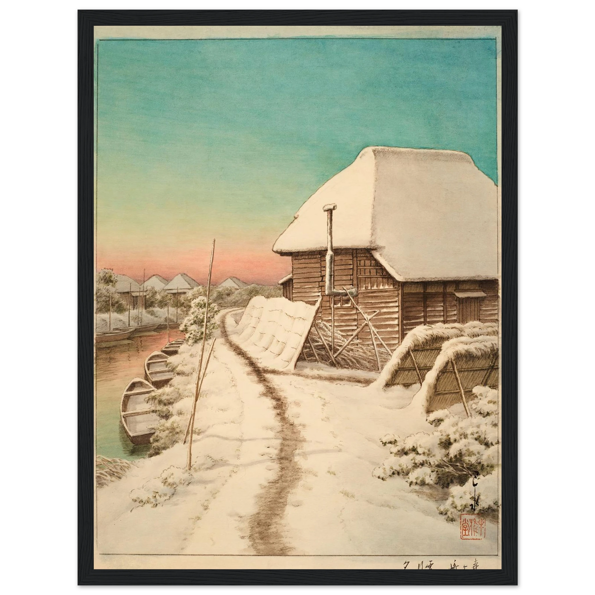 Morigasaki setsugo no yu (Evening after snow at Morigasaki) Art Print | Kawase Hasui - Framed Poster - 30x40 cm / 12x16″ - Black frame