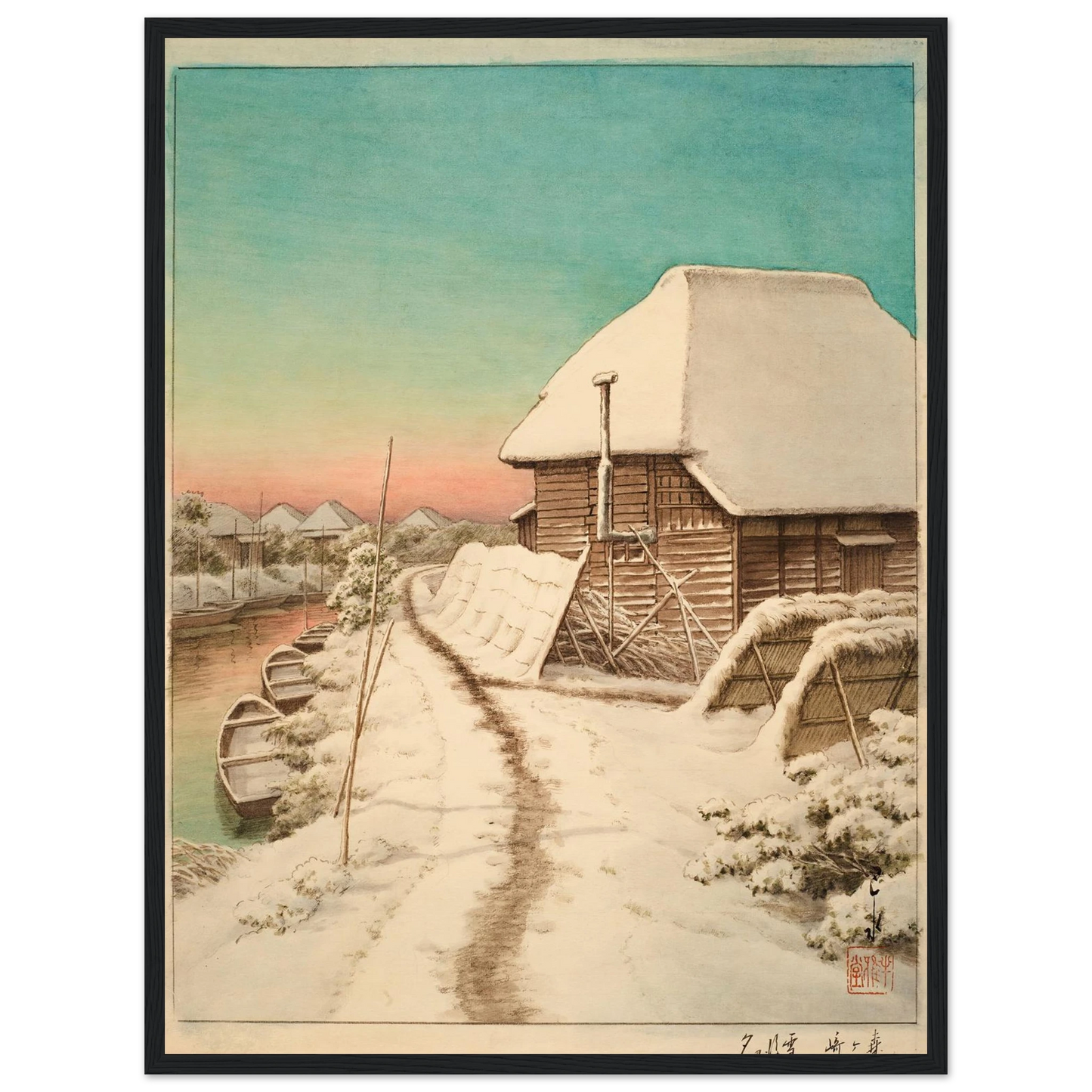 Morigasaki setsugo no yu (Evening after snow at Morigasaki) Art Print | Kawase Hasui - Framed Poster - 30x40 cm / 12x16″ - Black frame