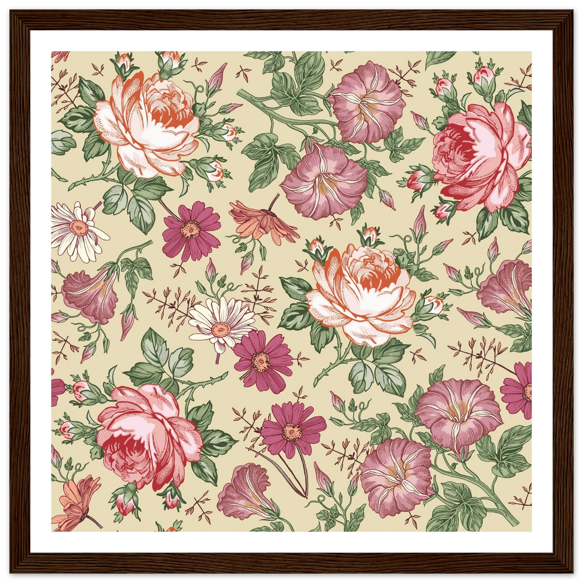 Moss Rose Rambler Art Print | William Morris Inspired - Framed Poster - 30x30 cm / 12x12″ - Black frame