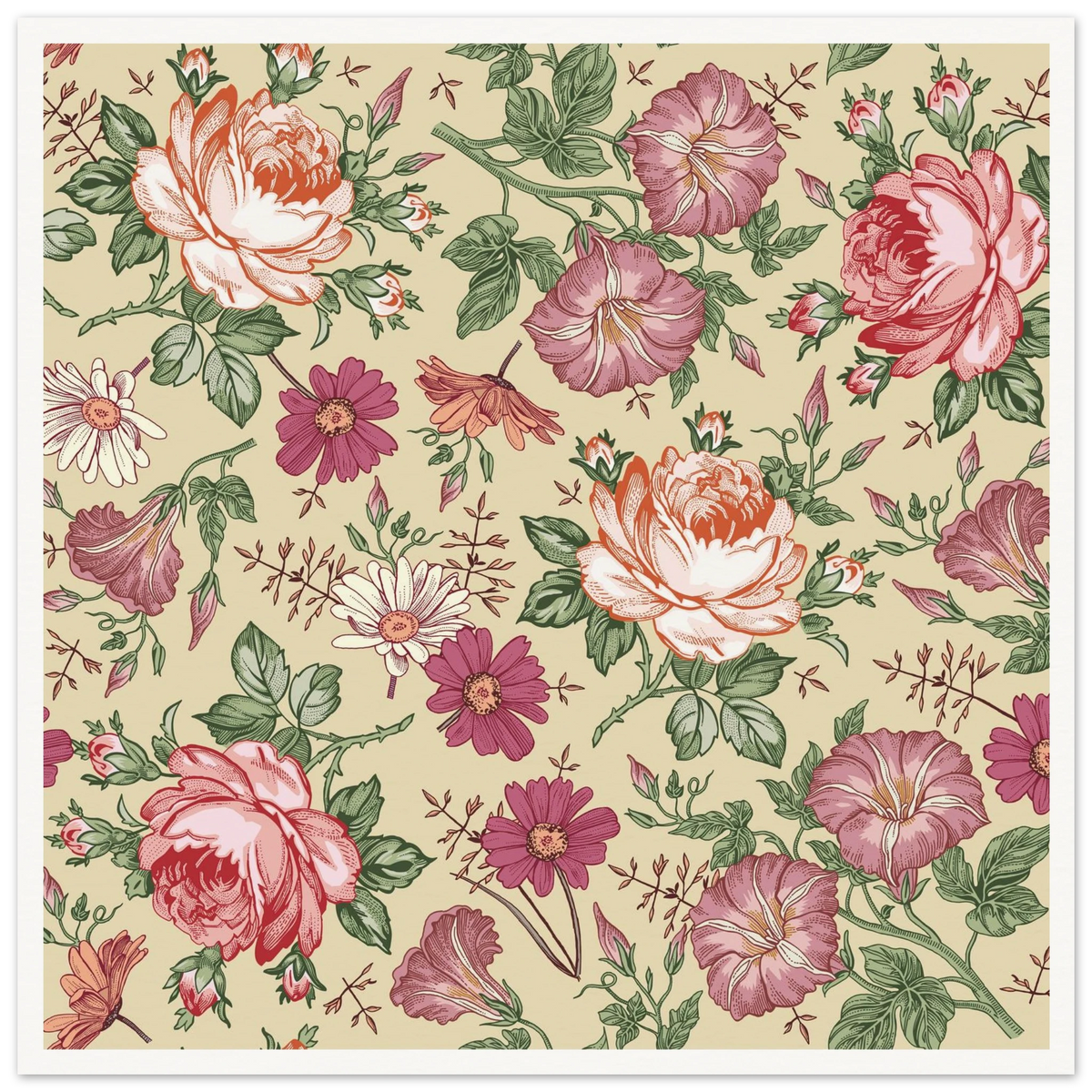 Moss Rose Rambler Art Print | William Morris Inspired - Framed Poster - 30x30 cm / 12x12″ - Black frame