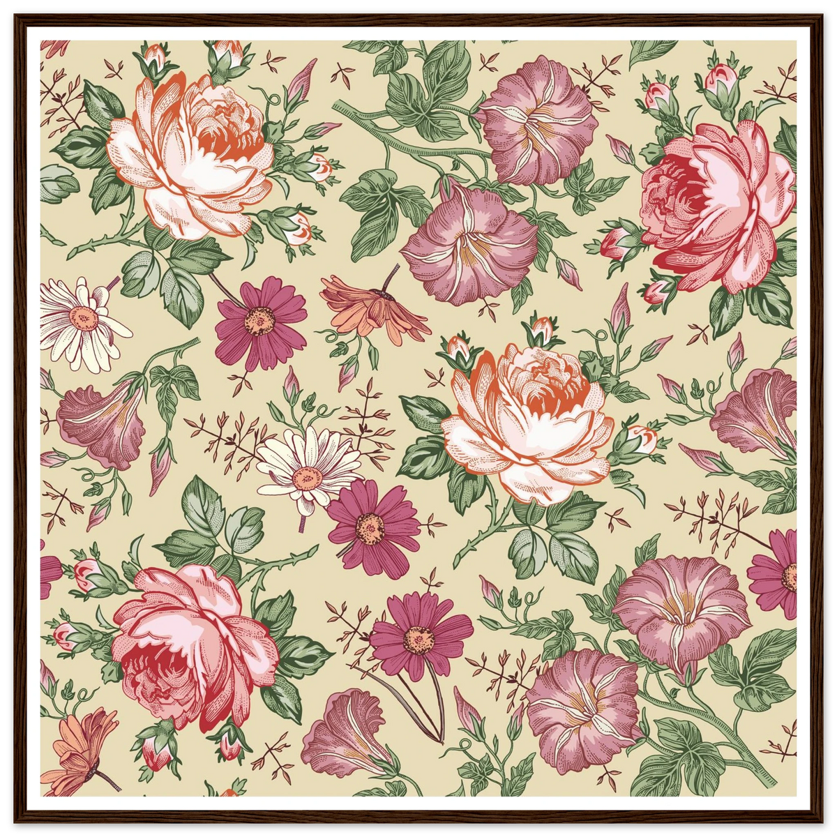Moss Rose Rambler Art Print | William Morris Inspired - Framed Poster - 30x30 cm / 12x12″ - Black frame