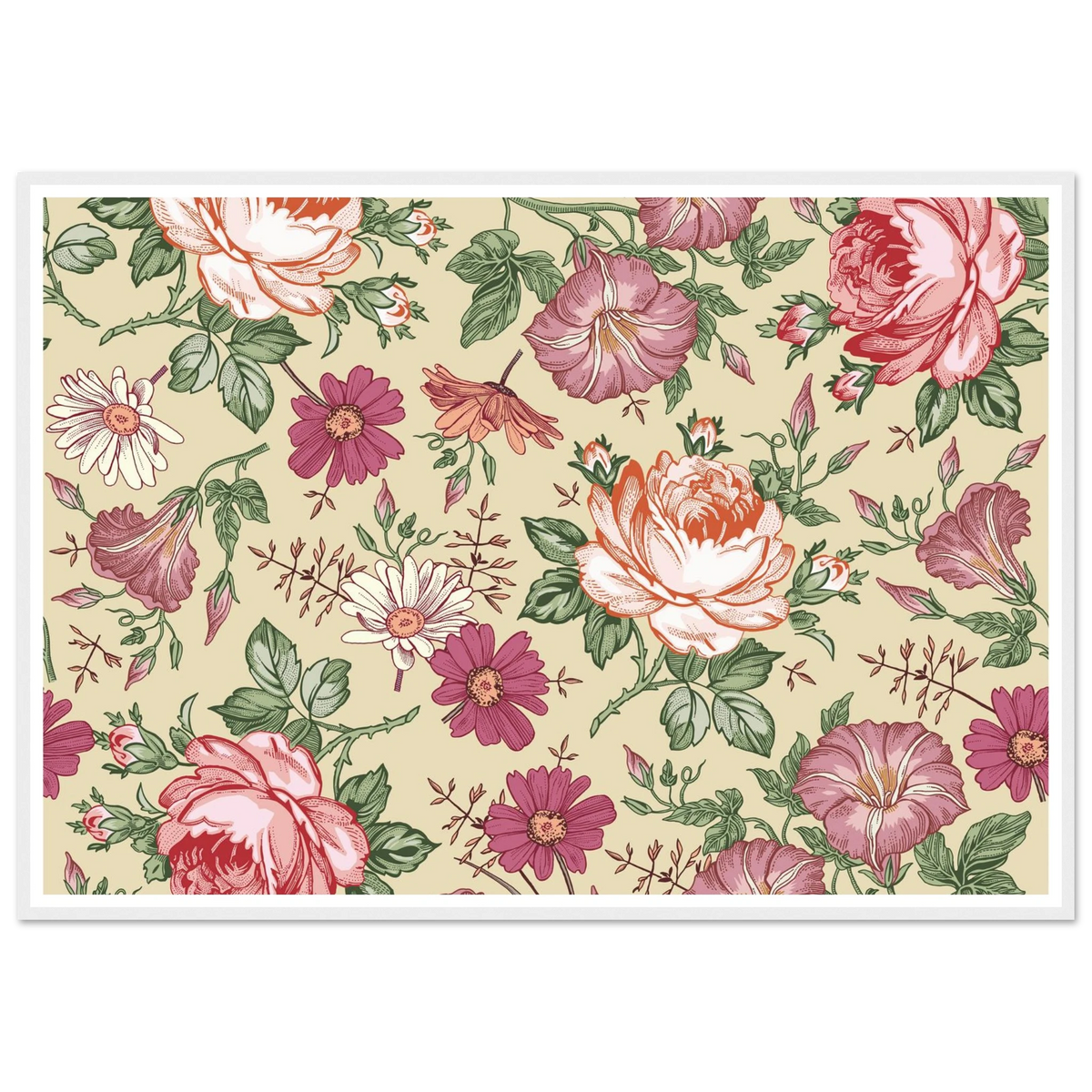 Moss Rose Rambler Art Print | William Morris Inspired - Framed Poster - 30x30 cm / 12x12″ - Black frame