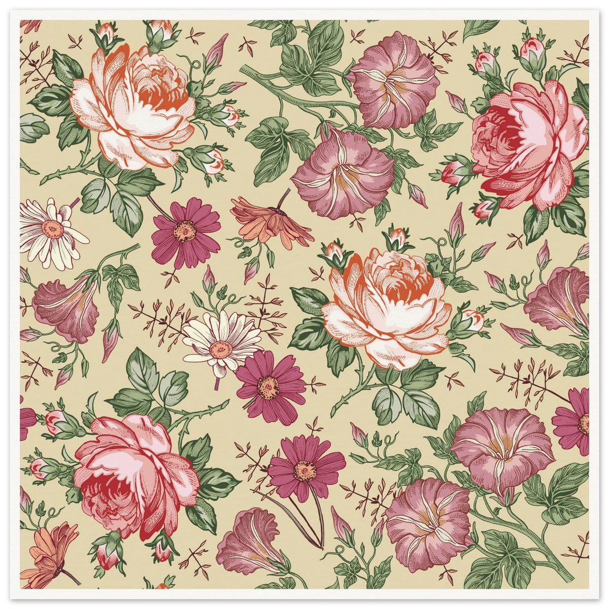 Moss Rose Rambler Art Print | William Morris Inspired - Framed Poster - 30x30 cm / 12x12″ - Black frame