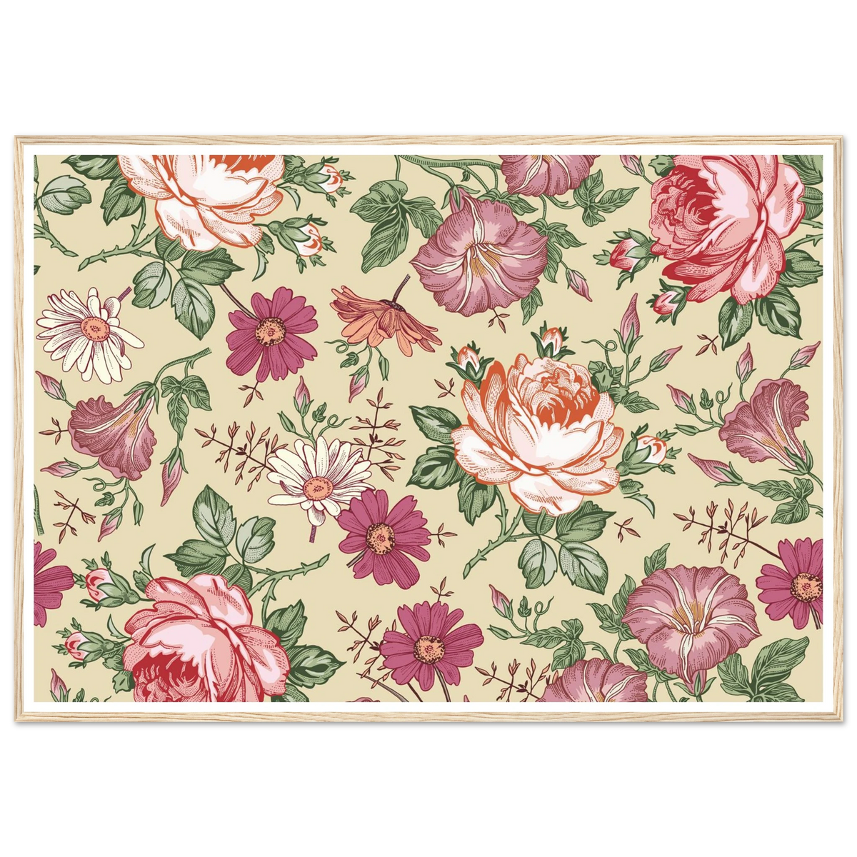 Moss Rose Rambler Art Print | William Morris Inspired - Framed Poster - 30x30 cm / 12x12″ - Black frame