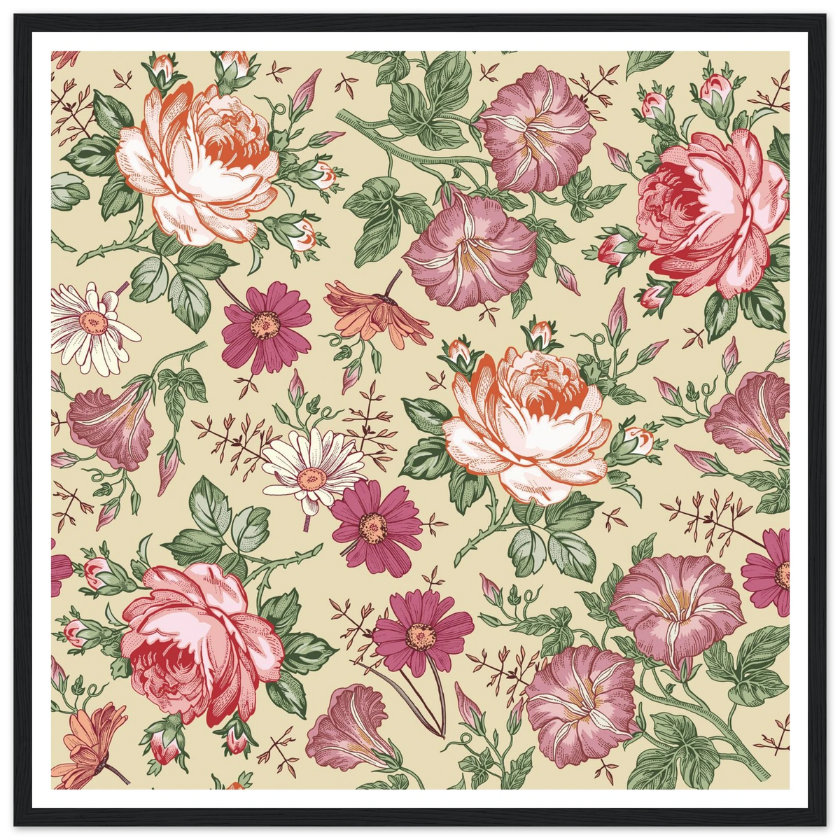 Moss Rose Rambler Art Print | William Morris Inspired - Framed Poster - 30x30 cm / 12x12″ - Black frame