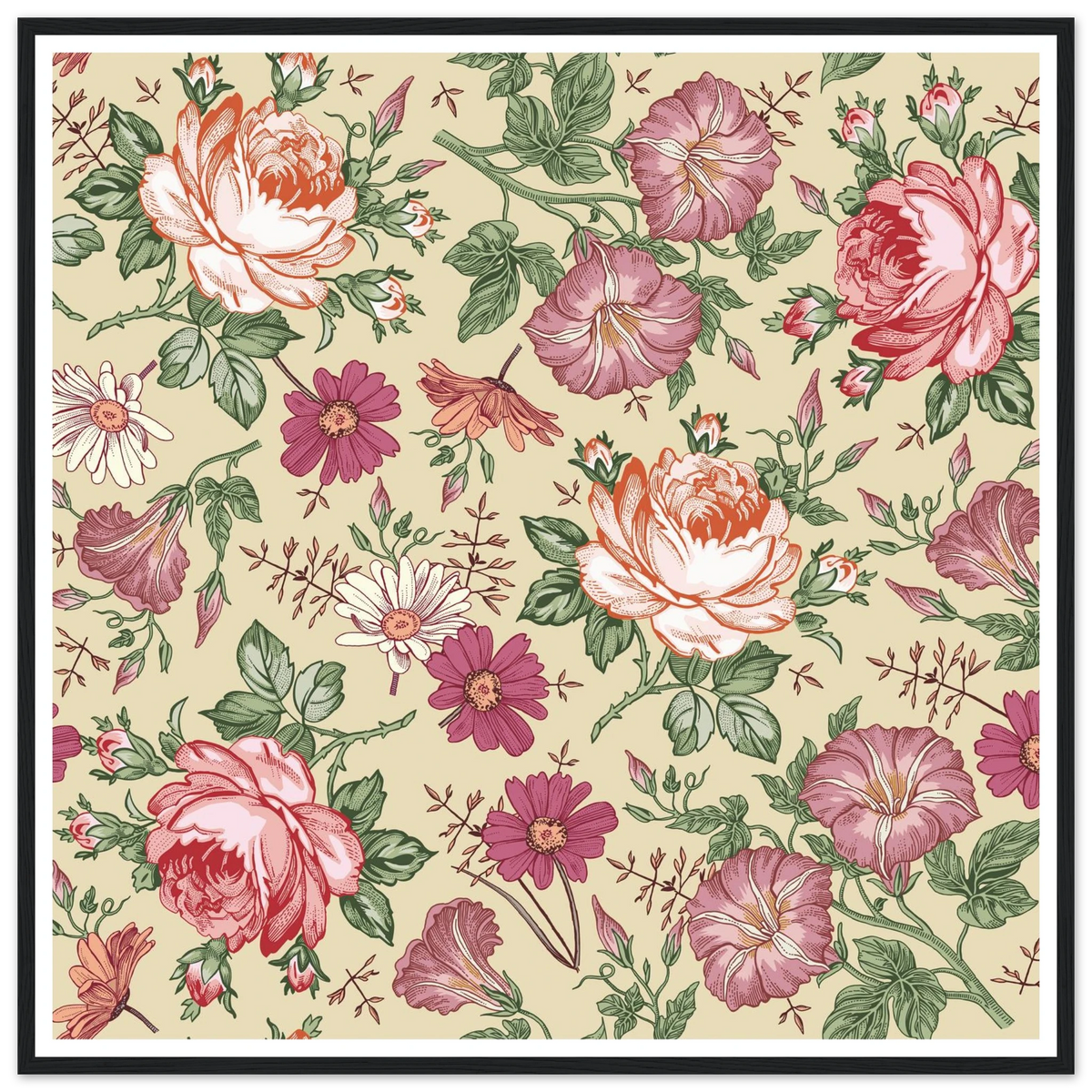 Moss Rose Rambler Art Print | William Morris Inspired - Framed Poster - 30x30 cm / 12x12″ - Black frame