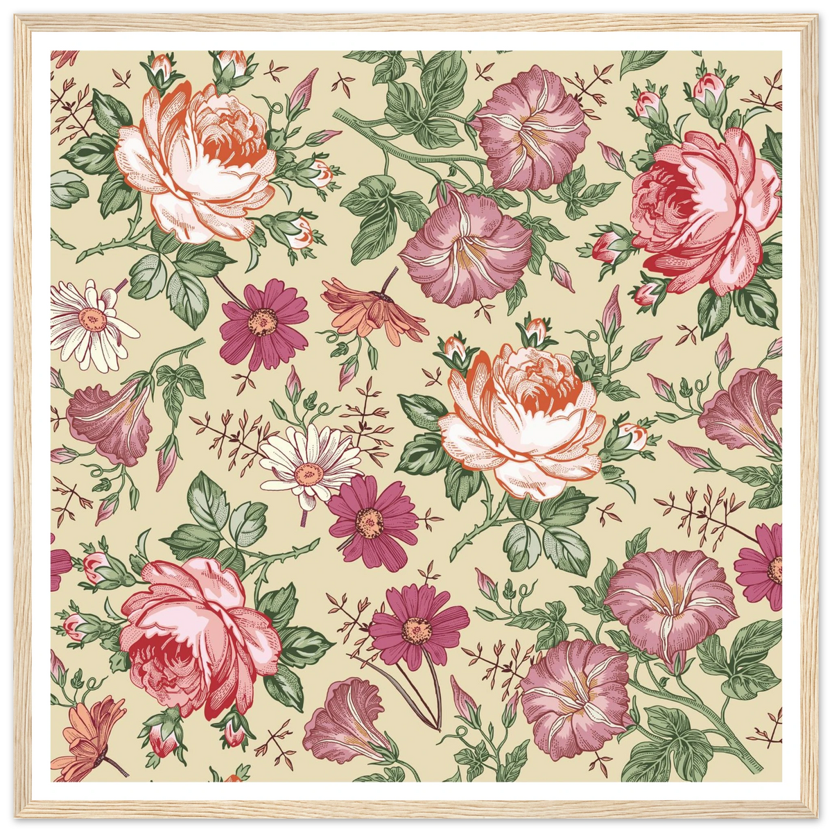 Moss Rose Rambler Art Print | William Morris Inspired - Framed Poster - 30x30 cm / 12x12″ - Black frame