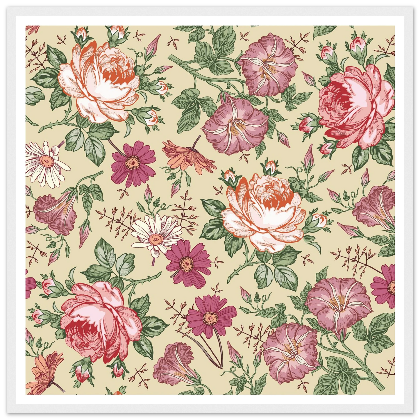 Moss Rose Rambler Art Print | William Morris Inspired - Framed Poster - 30x30 cm / 12x12″ - Black frame