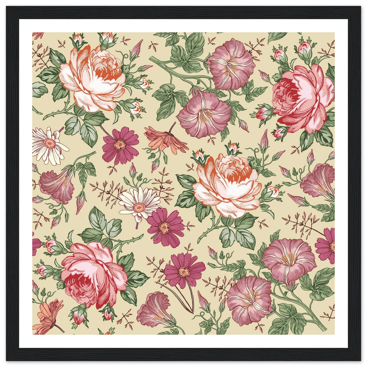 Moss Rose Rambler Art Print | William Morris Inspired - Framed Poster - 30x30 cm / 12x12″ - Black frame