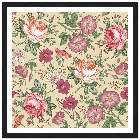 Moss Rose Rambler Art Print | William Morris Inspired - Framed Poster - 30x30 cm / 12x12″ - Black frame