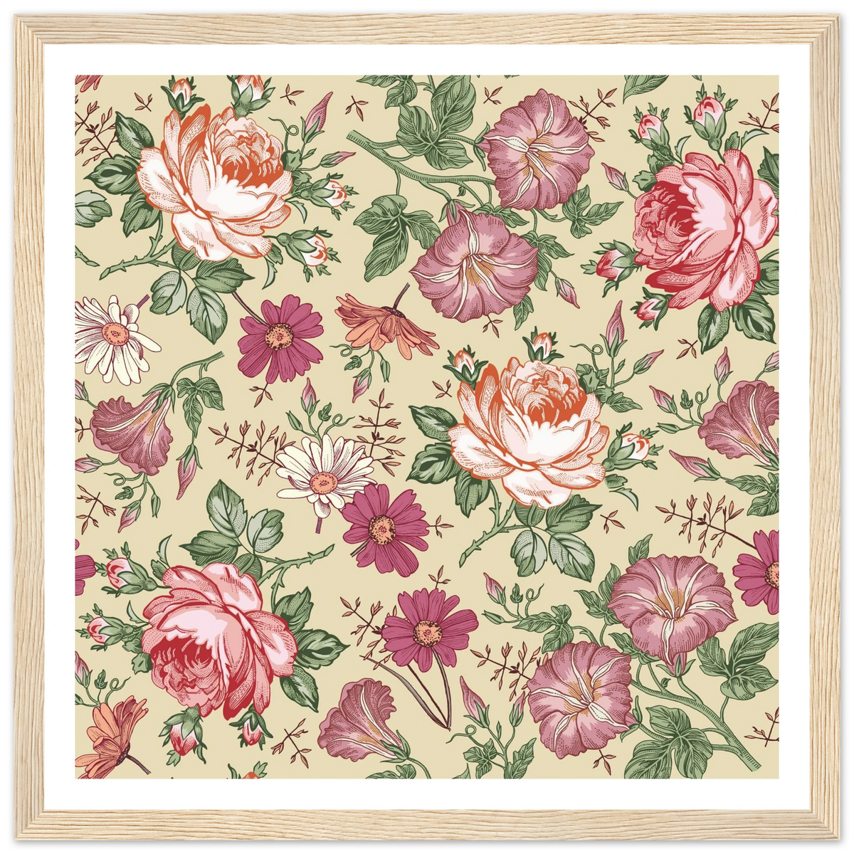 Moss Rose Rambler Art Print | William Morris Inspired - Framed Poster - 30x30 cm / 12x12″ - Black frame