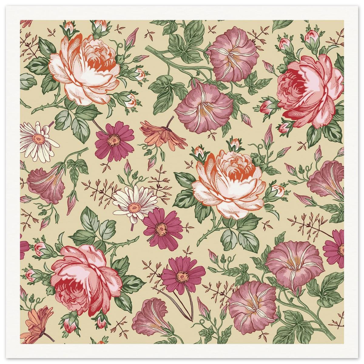 Moss Rose Rambler Art Print | William Morris Inspired - Framed Poster - 30x30 cm / 12x12″ - Black frame