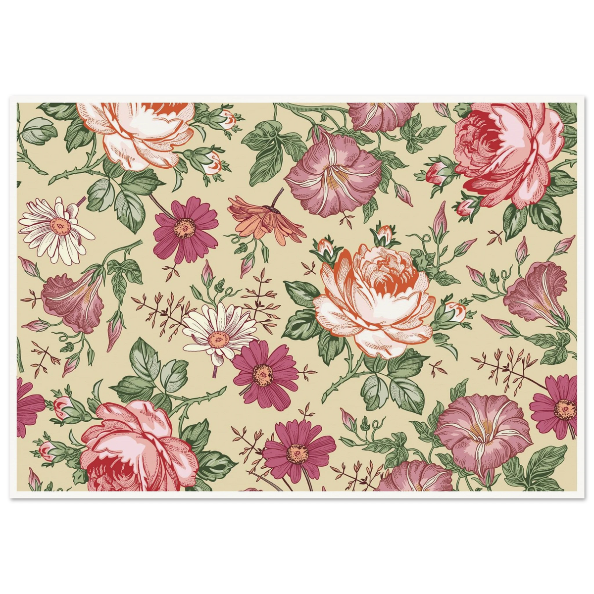 Moss Rose Rambler Art Print | William Morris Inspired - Framed Poster - 30x30 cm / 12x12″ - Black frame