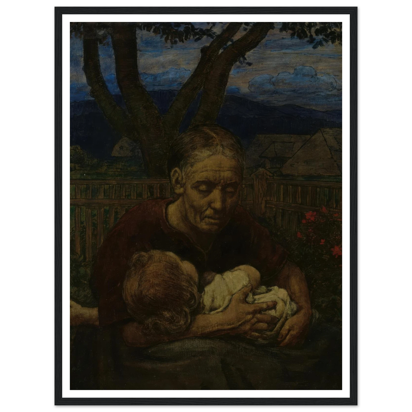 Mother and Child in a garden (1850 - 1924) Art Print | Hans Thoma - Framed Poster - 30x40 cm / 12x16″ - Black frame