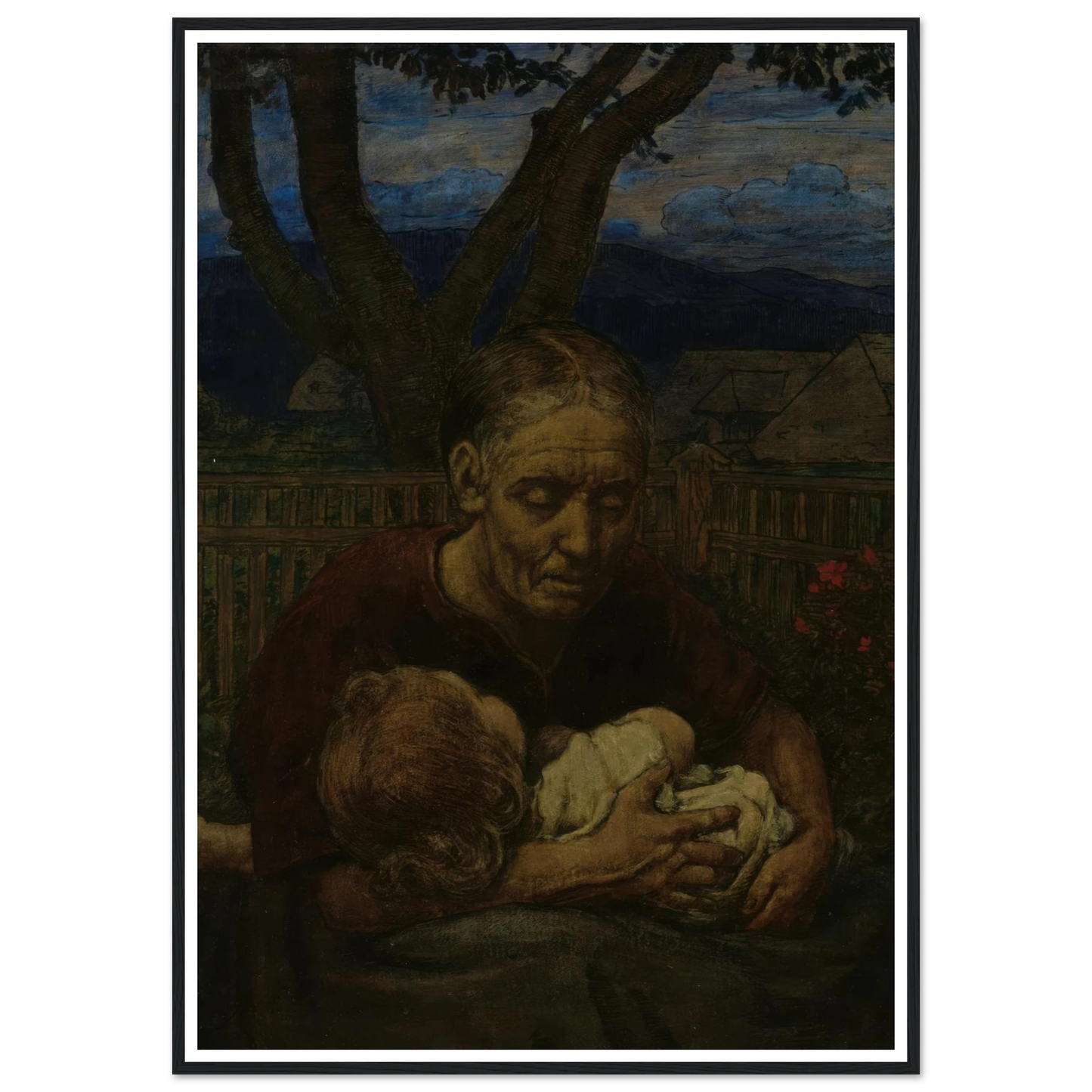 Mother and Child in a garden (1850 - 1924) Art Print | Hans Thoma - Framed Poster - 30x40 cm / 12x16″ - Black frame
