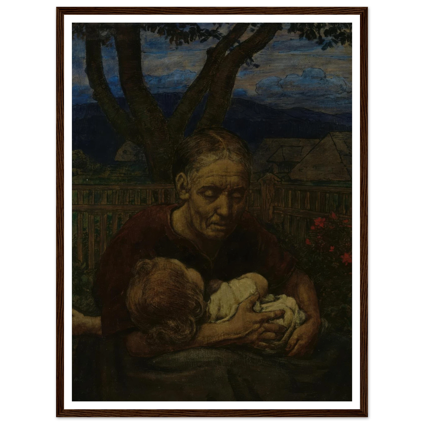 Mother and Child in a garden (1850 - 1924) Art Print | Hans Thoma - Framed Poster - 30x40 cm / 12x16″ - Black frame