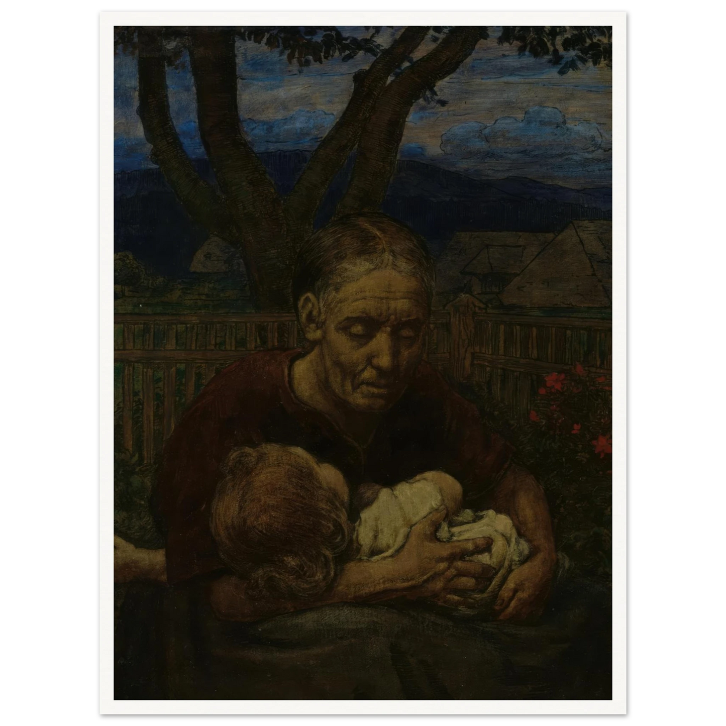 Mother and Child in a garden (1850 - 1924) Art Print | Hans Thoma - Framed Poster - 30x40 cm / 12x16″ - Black frame