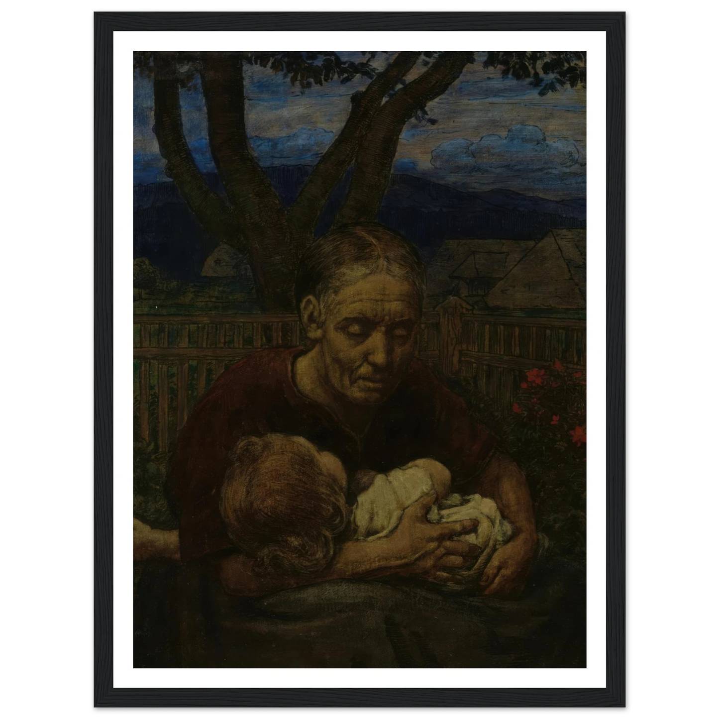 Mother and Child in a garden (1850 - 1924) Art Print | Hans Thoma - Framed Poster - 30x40 cm / 12x16″ - Black frame