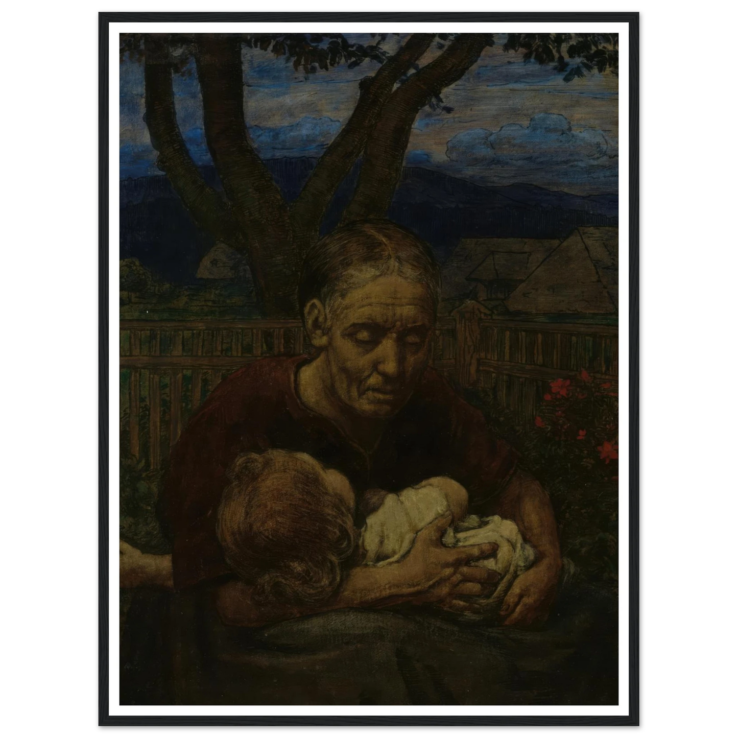 Mother and Child in a garden (1850 - 1924) Art Print | Hans Thoma - Framed Poster - 30x40 cm / 12x16″ - Black frame