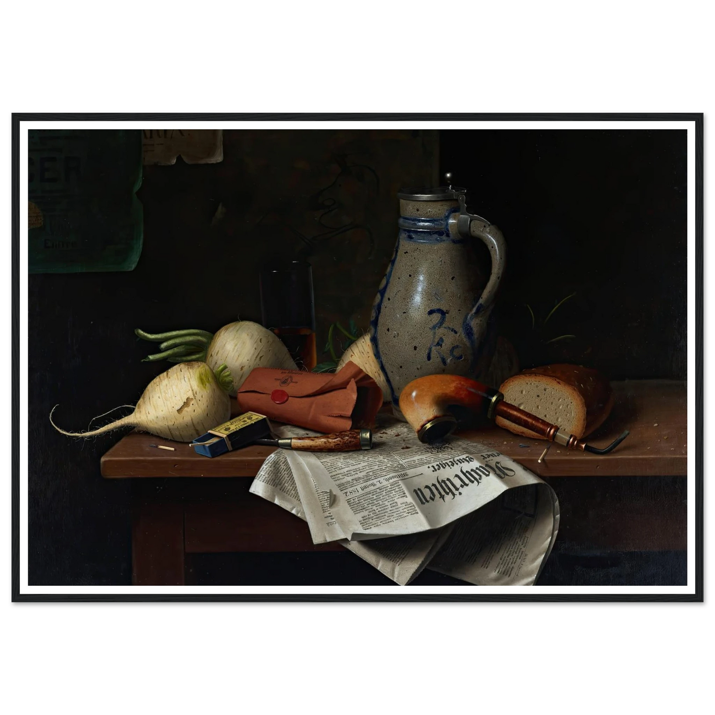 Munich Still Life (1882) Art Print | William Michael Harnett - Framed Poster - 30x40 cm / 12x16″ - Black frame