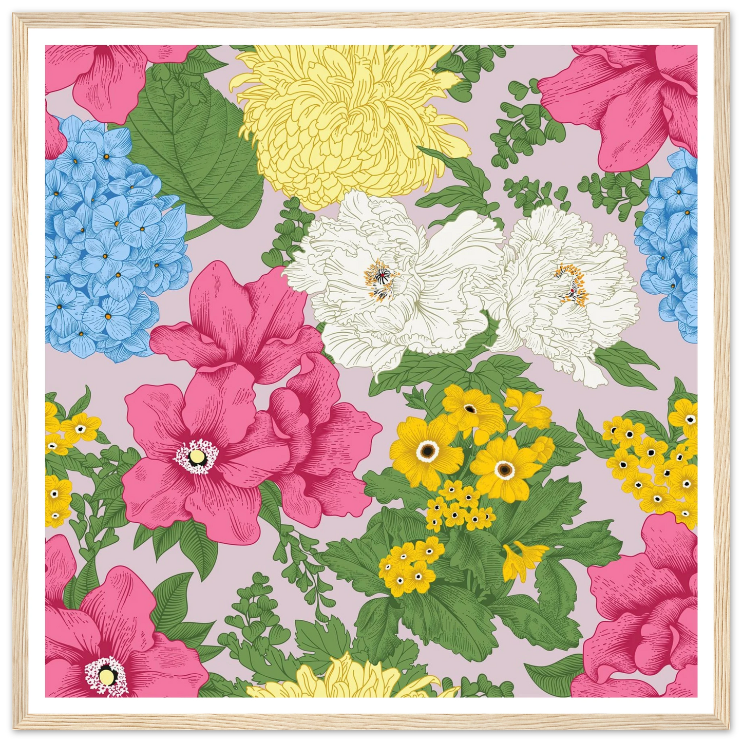 Muted Grey Bouquet Art Print | William Morris Inspired - Framed Poster - 30x30 cm / 12x12″ - Black frame