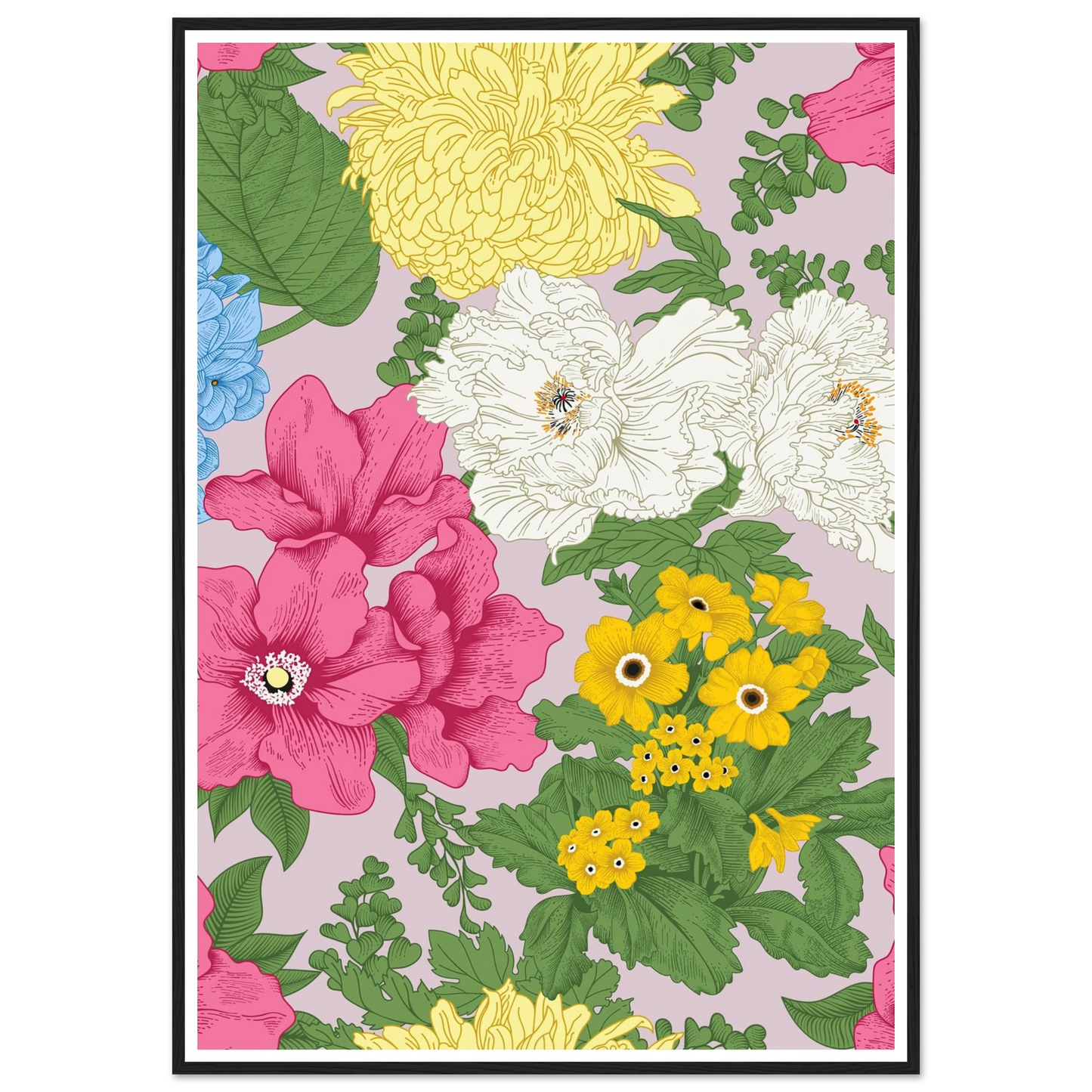 Muted Grey Bouquet Art Print | William Morris Inspired - Framed Poster - 30x30 cm / 12x12″ - Black frame