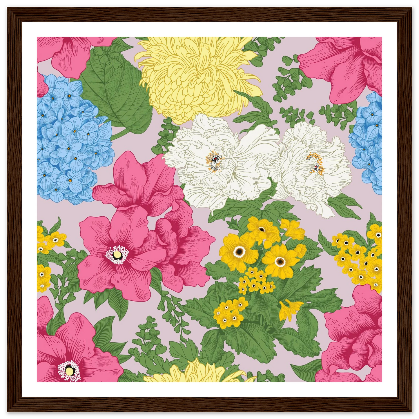 Muted Grey Bouquet Art Print | William Morris Inspired - Framed Poster - 30x30 cm / 12x12″ - Black frame