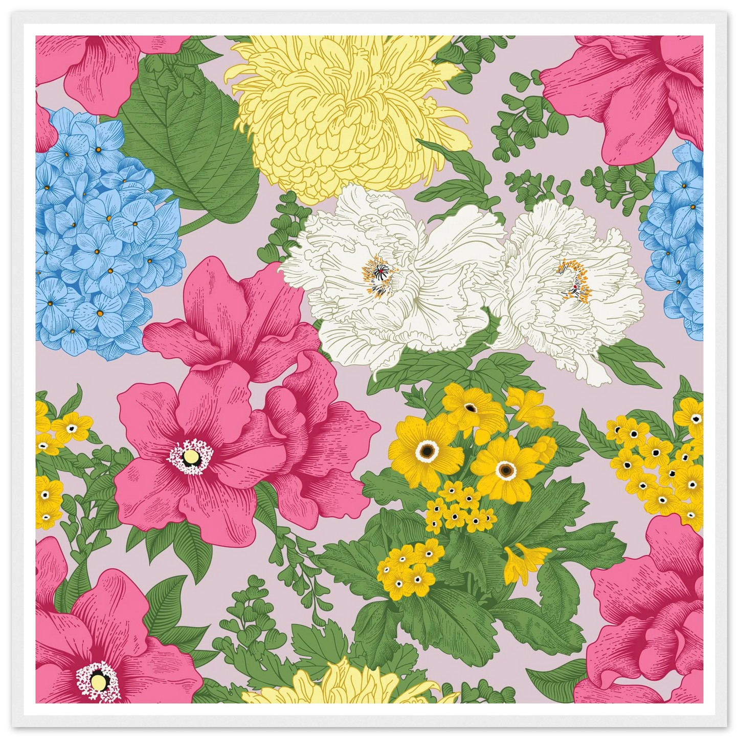 Muted Grey Bouquet Art Print | William Morris Inspired - Framed Poster - 30x30 cm / 12x12″ - Black frame