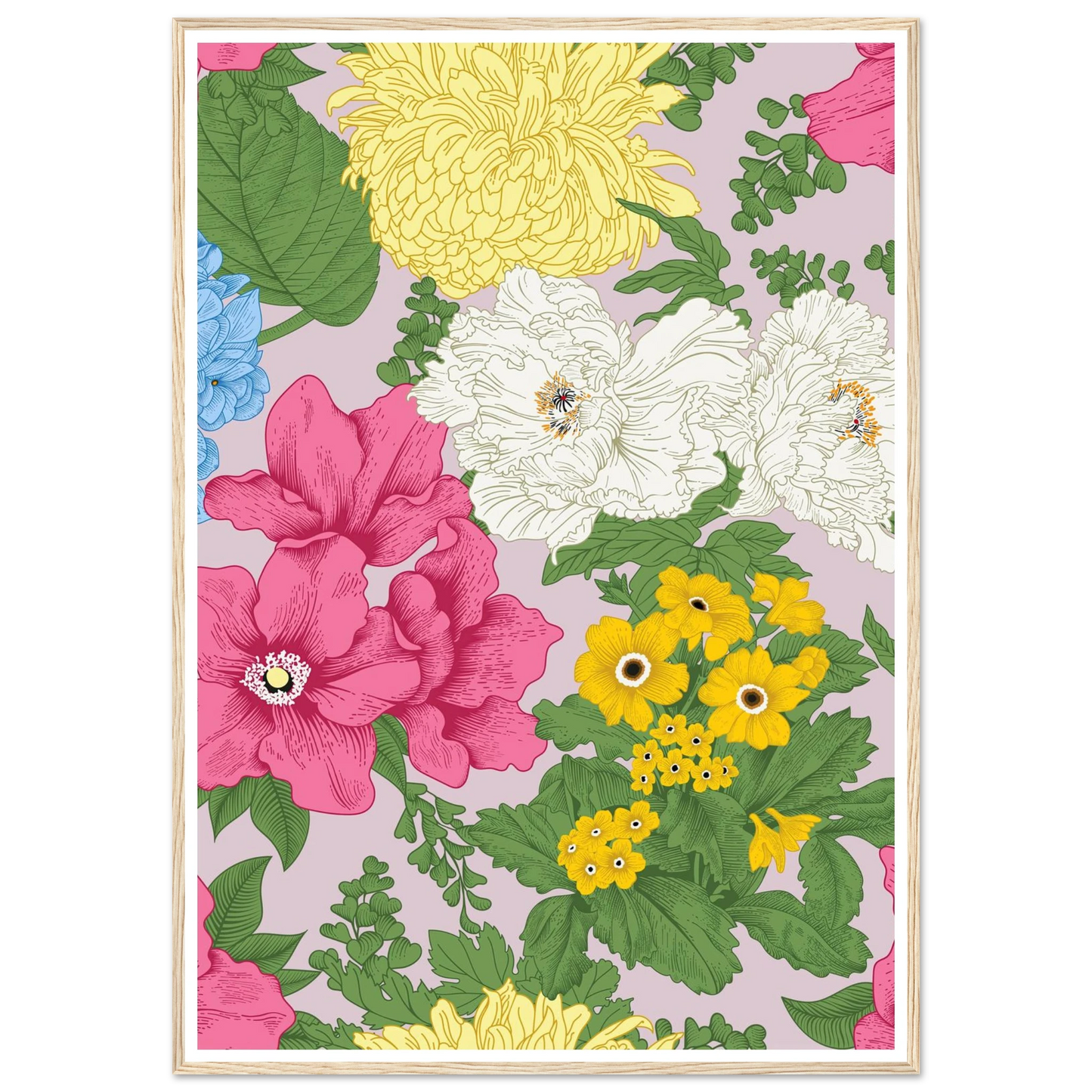 Muted Grey Bouquet Art Print | William Morris Inspired - Framed Poster - 30x30 cm / 12x12″ - Black frame