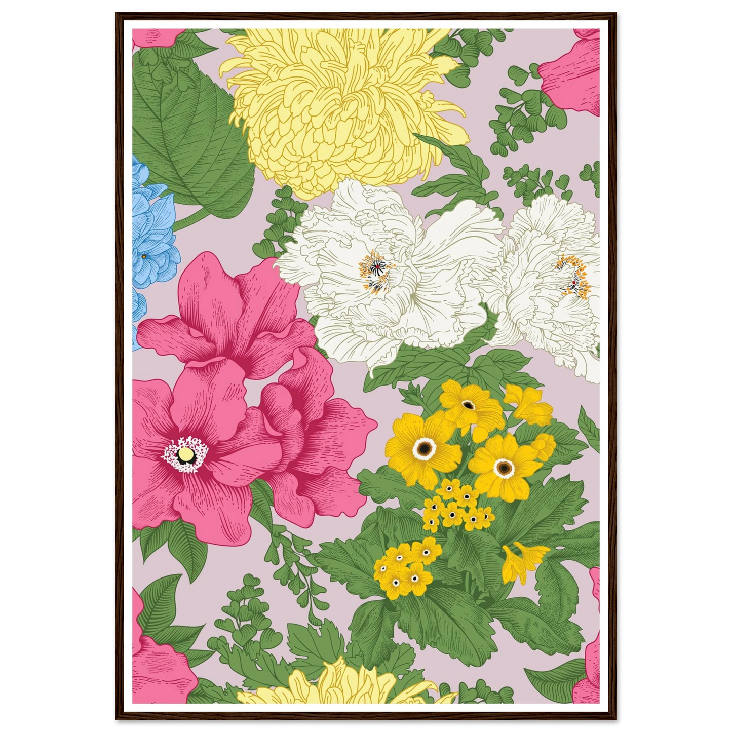 Muted Grey Bouquet Art Print | William Morris Inspired - Framed Poster - 30x30 cm / 12x12″ - Black frame