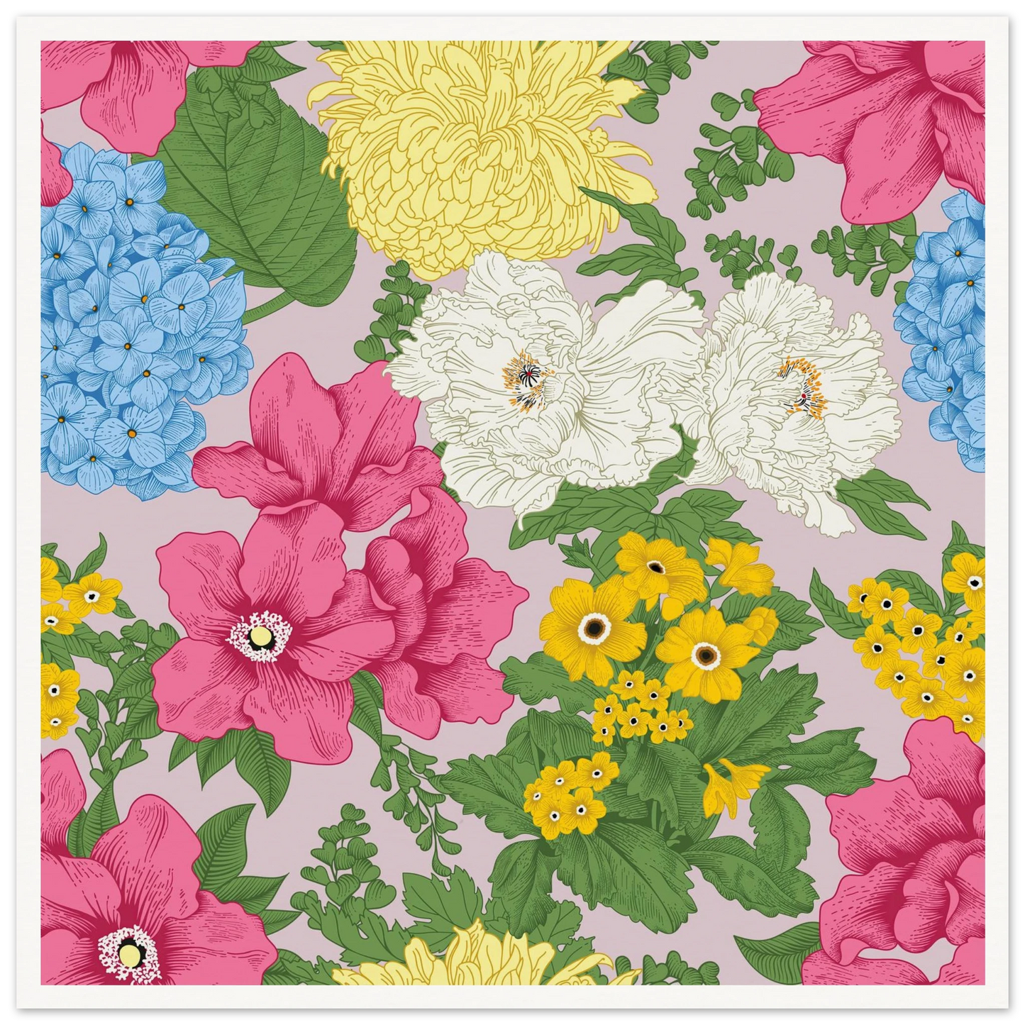 Muted Grey Bouquet Art Print | William Morris Inspired - Framed Poster - 30x30 cm / 12x12″ - Black frame