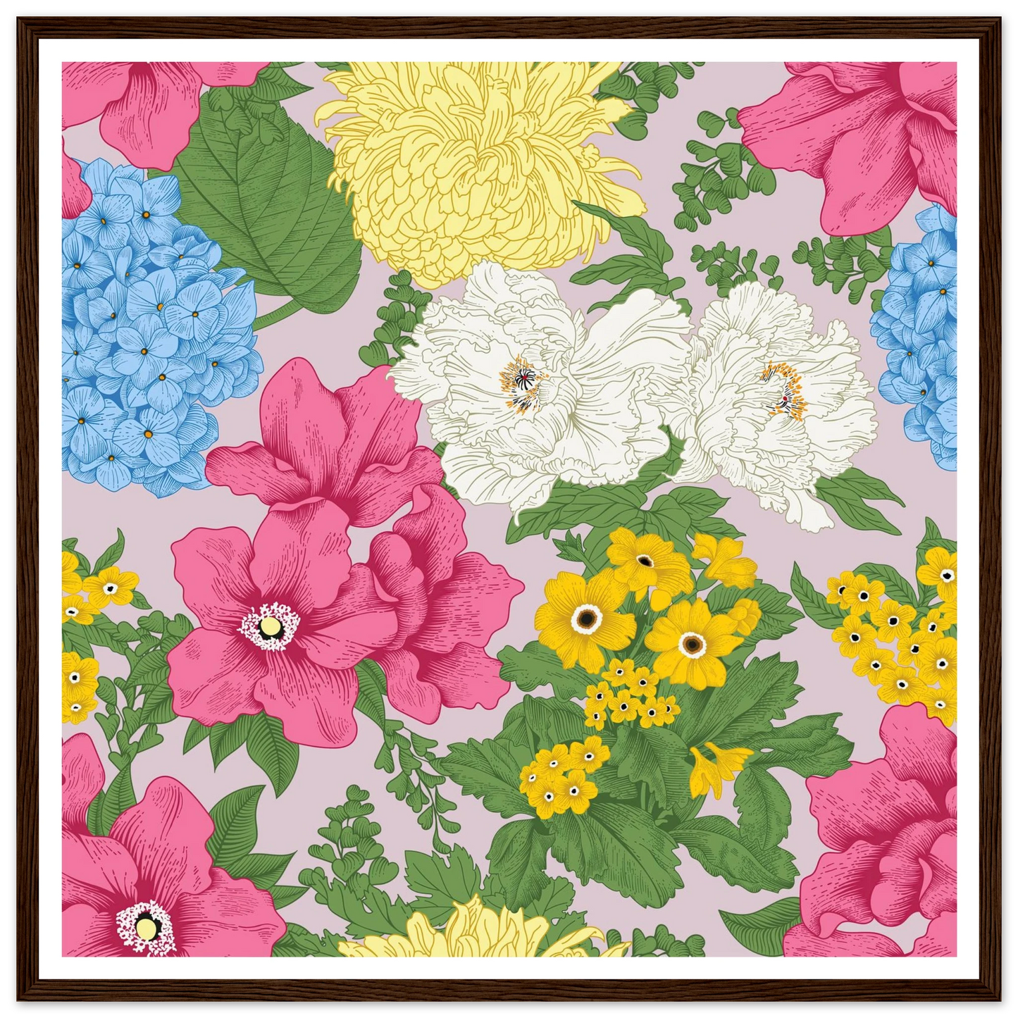 Muted Grey Bouquet Art Print | William Morris Inspired - Framed Poster - 30x30 cm / 12x12″ - Black frame