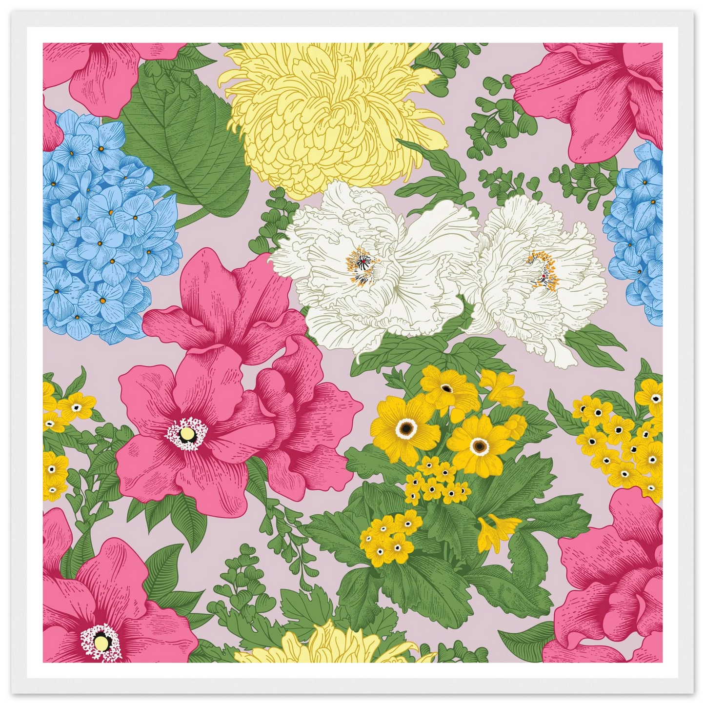 Muted Grey Bouquet Art Print | William Morris Inspired - Framed Poster - 30x30 cm / 12x12″ - Black frame