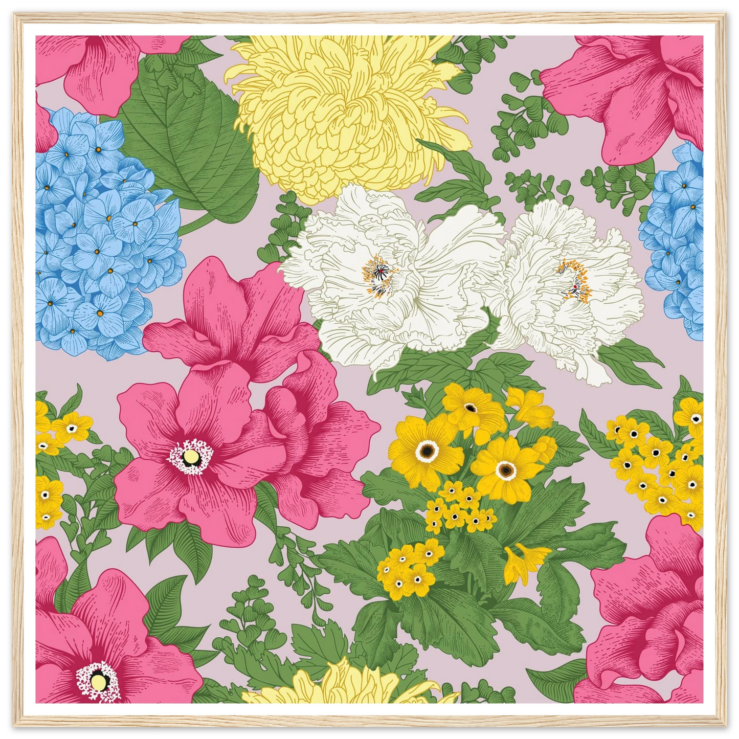 Muted Grey Bouquet Art Print | William Morris Inspired - Framed Poster - 30x30 cm / 12x12″ - Black frame