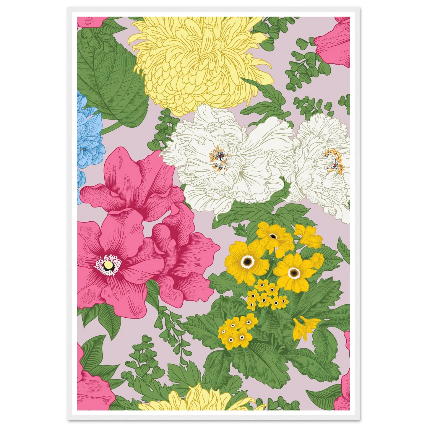 Muted Grey Bouquet Art Print | William Morris Inspired - Framed Poster - 30x30 cm / 12x12″ - Black frame