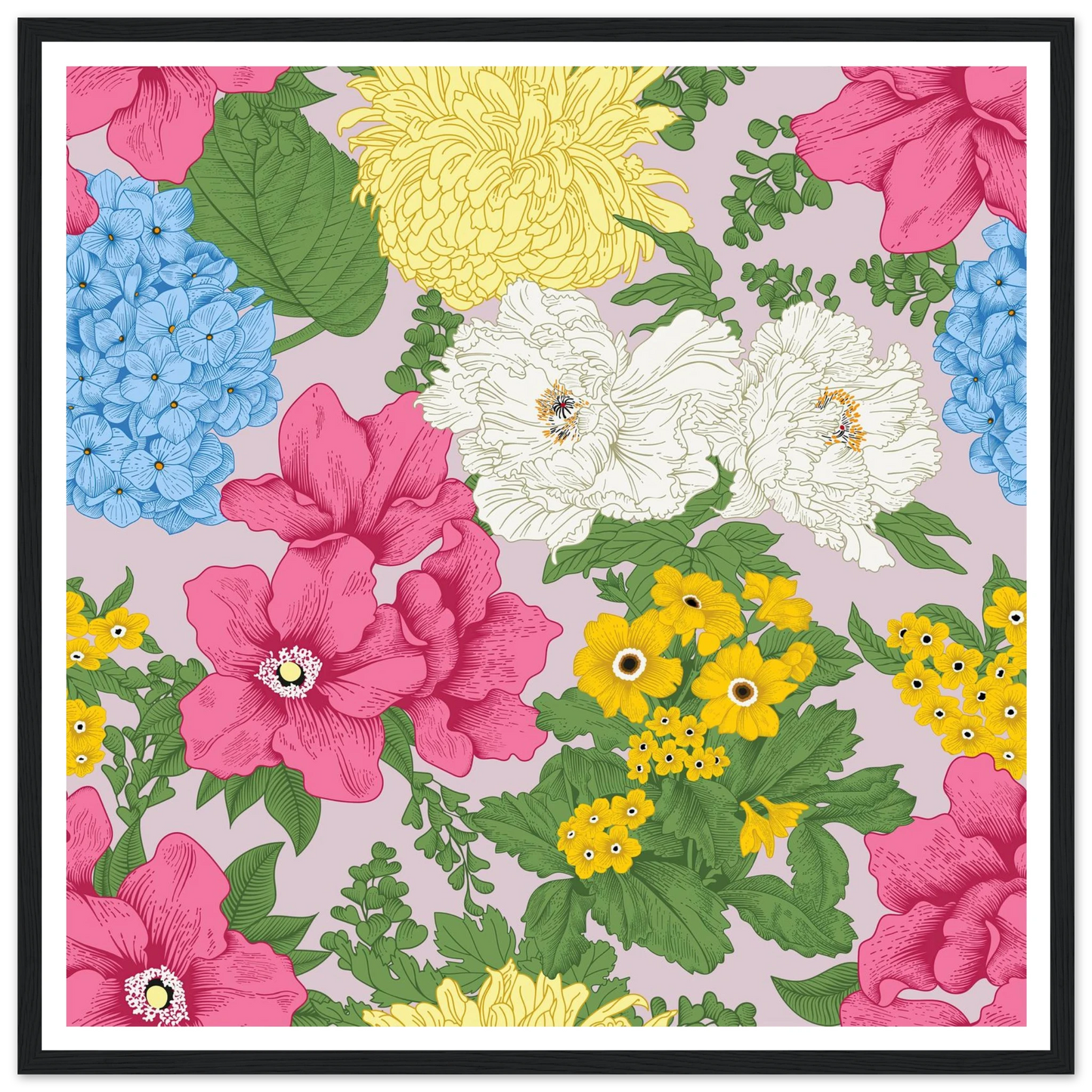 Muted Grey Bouquet Art Print | William Morris Inspired - Framed Poster - 30x30 cm / 12x12″ - Black frame